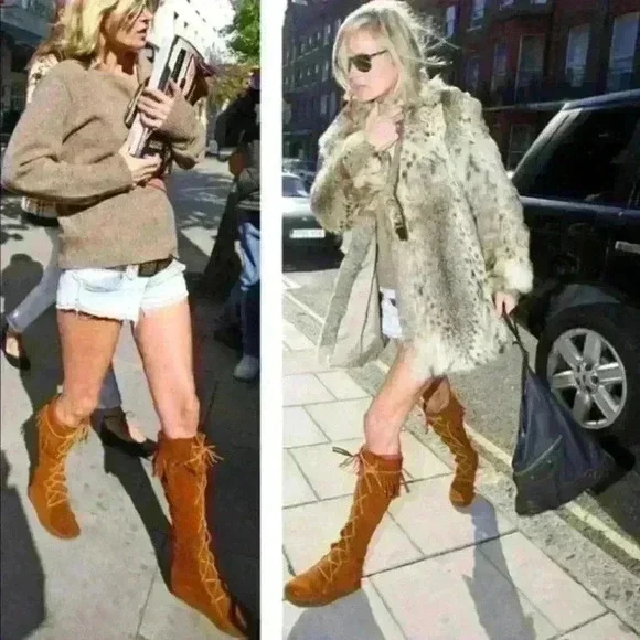 NWOT Minnetonka Front Lace Knee High fringe soft suede leather Boot - Picture 3 of 10